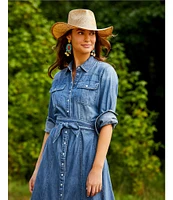 Reba Denim Point Collar Button Down Flared Shirt Tie Waist Midi Dress