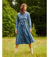 Reba Denim Point Collar Button Down Flared Shirt Tie Waist Midi Dress