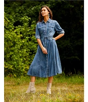 Reba Denim Point Collar Button Down Flared Shirt Tie Waist Midi Dress