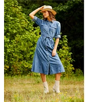 Reba Denim Point Collar Button Down Flared Shirt Tie Waist Midi Dress