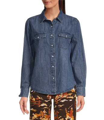 Reba Denim Point Collar Long Sleeve Snap Front Western Style Shirt