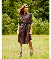 Reba Faux Suede Pointed Collar Western Style Button Down Shirttail Midi Dress