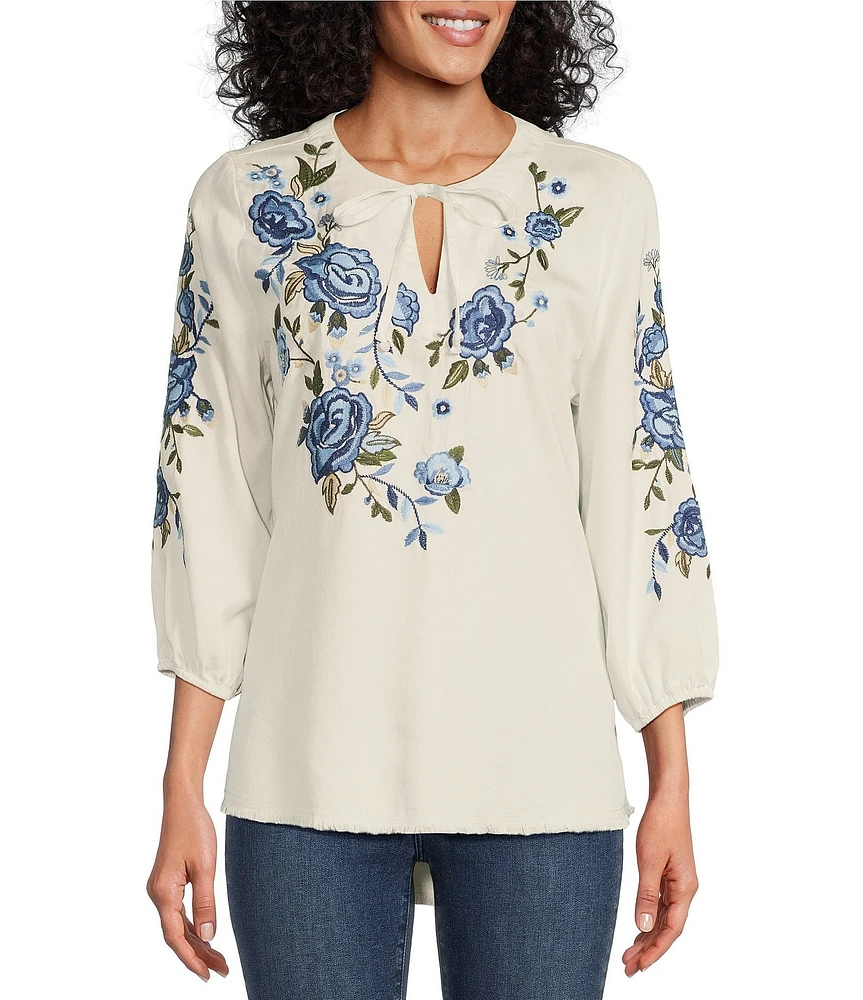 Reba Floral Embroidered 3/4 Sleeve Tie Split V-Neck Frayed High-Low Hem Peasant Tunic