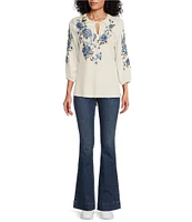 Reba Floral Embroidered 3/4 Sleeve Tie Split V-Neck Frayed High-Low Hem Peasant Tunic