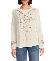 Reba Jersey Knit Floral Embroidery Crew Neck Long Bell Opening Sleeve T-Shirt