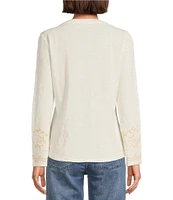Reba Jersey Knit Floral Embroidery Crew Neck Long Bell Opening Sleeve T-Shirt
