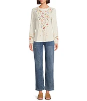 Reba Jersey Knit Floral Embroidery Crew Neck Long Bell Opening Sleeve T-Shirt
