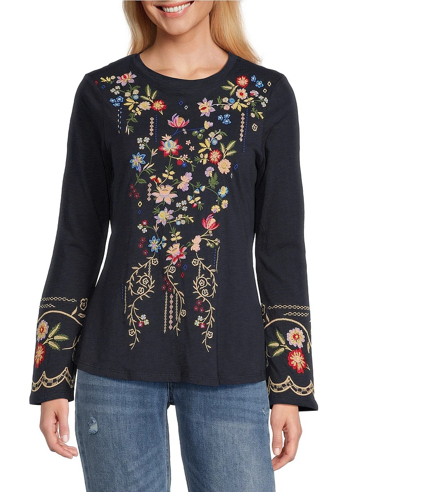 Reba Jersey Knit Floral Embroidery Crew Neck Long Bell Opening Sleeve T-Shirt