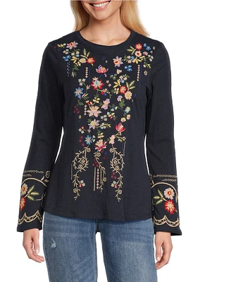 Reba Jersey Knit Floral Embroidery Crew Neck Long Bell Opening Sleeve T-Shirt