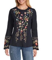 Reba Jersey Knit Floral Embroidery Crew Neck Long Bell Opening Sleeve T-Shirt