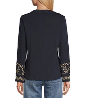 Reba Jersey Knit Floral Embroidery Crew Neck Long Bell Opening Sleeve T-Shirt