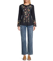 Reba Jersey Knit Floral Embroidery Crew Neck Long Bell Opening Sleeve T-Shirt