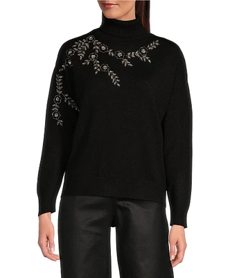 Reba Jersey Knit Sequin Embroidered Turtleneck Dropped Long Sleeve Pullover Sweater