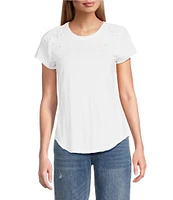 Reba Knit Jersey Embroidered Crew Neck Short Sleeve Shirttail Hem T-Shirt