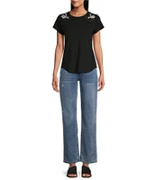 Reba Knit Jersey Embroidered Crew Neck Short Sleeve Shirttail Hem T-Shirt