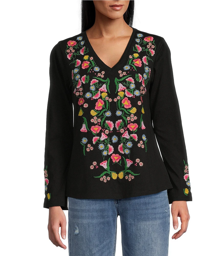 Reba Knit Jersey Floral Embroidered V-Neck Long Sleeve T-Shirt