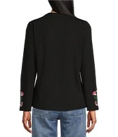 Reba Knit Jersey Floral Embroidered V-Neck Long Sleeve T-Shirt