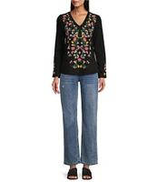 Reba Knit Jersey Floral Embroidered V-Neck Long Sleeve T-Shirt