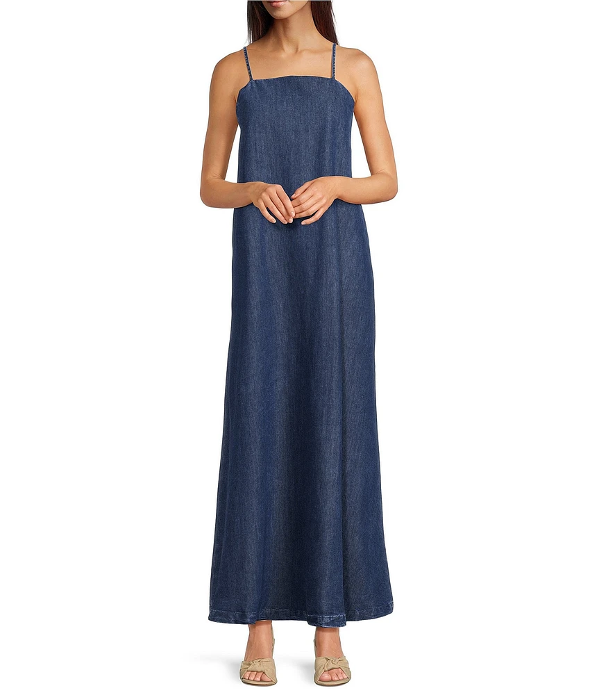 Reba Leona Denim Square Neck Sleeveless Maxi A-Line Dress