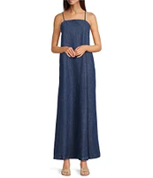 Reba Leona Denim Square Neck Sleeveless Maxi A-Line Dress