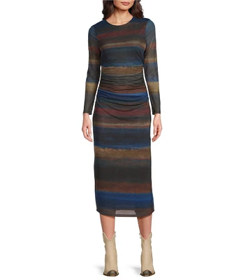 Reba Mesh Abstract Stripe Graphic Print Crew Neck Long Sleeve Ruched Bodycon Midi Dress