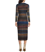 Reba Mesh Abstract Stripe Graphic Print Crew Neck Long Sleeve Ruched Bodycon Midi Dress