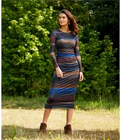 Reba Mesh Abstract Stripe Graphic Print Crew Neck Long Sleeve Ruched Bodycon Midi Dress