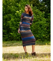 Reba Mesh Abstract Stripe Graphic Print Crew Neck Long Sleeve Ruched Bodycon Midi Dress