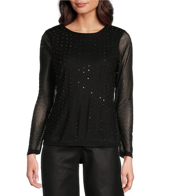 Reba Mesh Hematite Studded Crew Neck Long Sleeve Tee Shirt