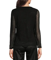 Reba Mesh Hematite Studded Crew Neck Long Sleeve Tee Shirt