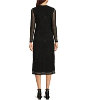 Reba Mesh Hematite Studded Scoop Neck Long Sleeve Column Sheath Midi Dress