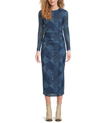 Reba Mesh Patchwork Graphic Print Crew Neck Long Sleeve Ruched Bodycon Midi Dress