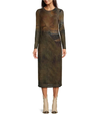 Reba Mesh Scenic Graphic Crew Neck Long Sleeve Column Sheath Midi Dress