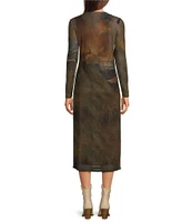 Reba Mesh Scenic Graphic Crew Neck Long Sleeve Column Sheath Midi Dress