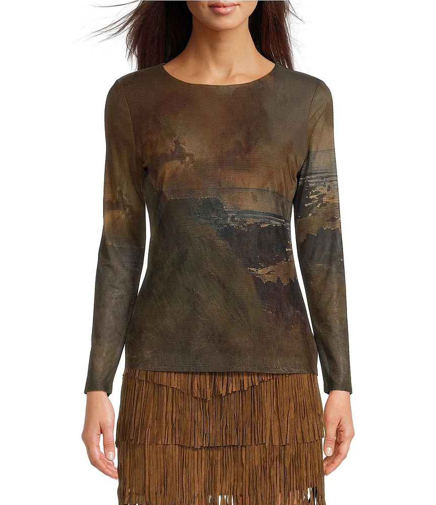 Reba Mesh Abstract Scenic Graphic Print Crew Neck Sheer Long Sleeve Tee Shirt