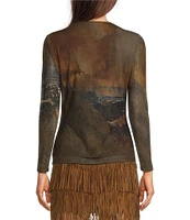 Reba Mesh Abstract Scenic Graphic Print Crew Neck Sheer Long Sleeve Tee Shirt