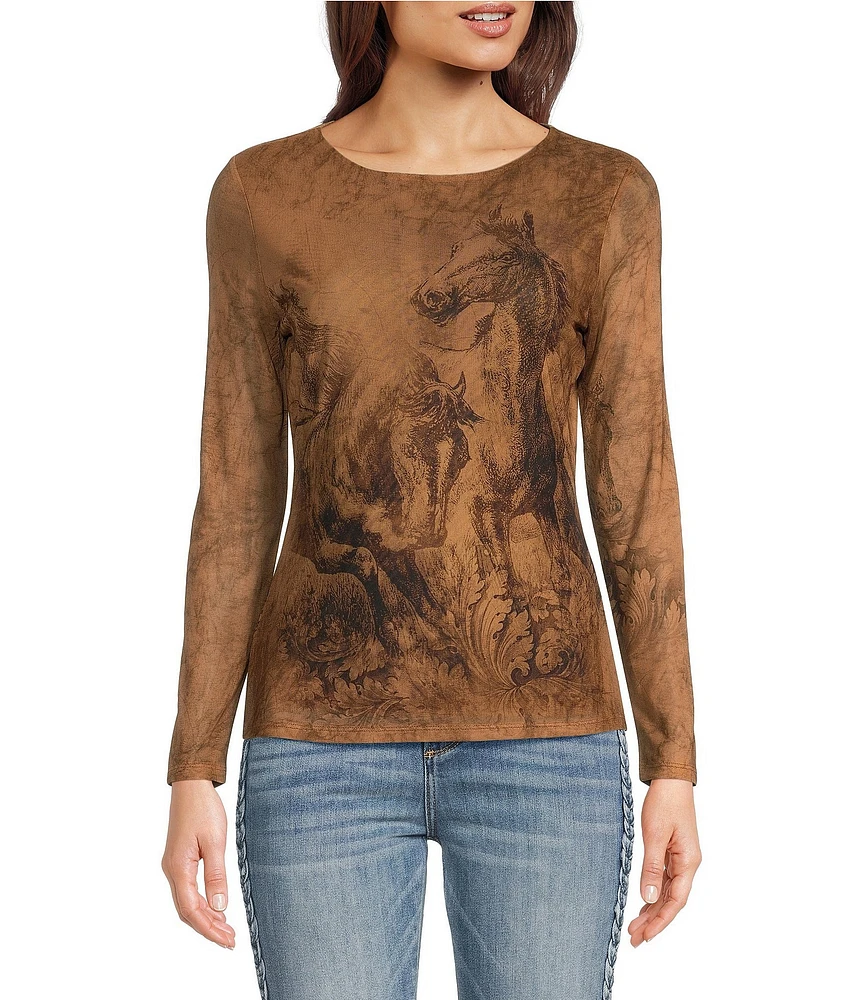 Reba Mesh Wild Mustang Graphic Print Crew Neck Sheer Long Sleeve Tee Shirt