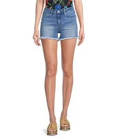 Reba Mid Rise 5 Pocket Frayed Hem Stretch Denim Cut Off Shorts