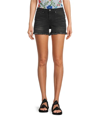 Reba Mid Rise 5 Pocket Frayed Hem Stretch Denim Cut Off Shorts