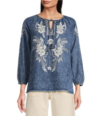 Reba Nell Chambray Split Neck 3/4 Blouson Sleeve Embroidered Blouse
