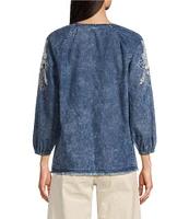 Reba Nell Chambray Split Neck 3/4 Blouson Sleeve Embroidered Blouse