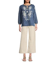 Reba Nell Chambray Split Neck 3/4 Blouson Sleeve Embroidered Blouse