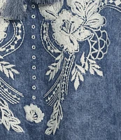Reba Nell Chambray Split Neck 3/4 Blouson Sleeve Embroidered Blouse