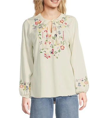 Reba Nell Woven Split Neck 3/4 Blouson Sleeve Scalloped Lace Blouse