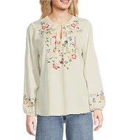 Reba Nell Woven Split Neck 3/4 Blouson Sleeve Scalloped Lace Blouse