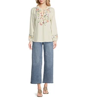 Reba Nell Woven Split Neck 3/4 Blouson Sleeve Scalloped Lace Blouse