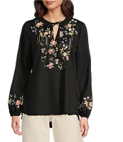 Reba Nell Woven Split Neck 3/4 Blouson Sleeve Scalloped Lace Blouse