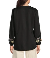 Reba Nell Woven Split Neck 3/4 Blouson Sleeve Scalloped Lace Blouse