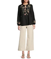 Reba Nell Woven Split Neck 3/4 Blouson Sleeve Scalloped Lace Blouse