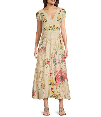 Reba Paige Patchwork Floral V-Neck Cap Sleeve A-Line Maxi Dress